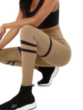 Alo Yoga High Waist Legit Leggings, Ribbed, Gravel with Black Stripes, small